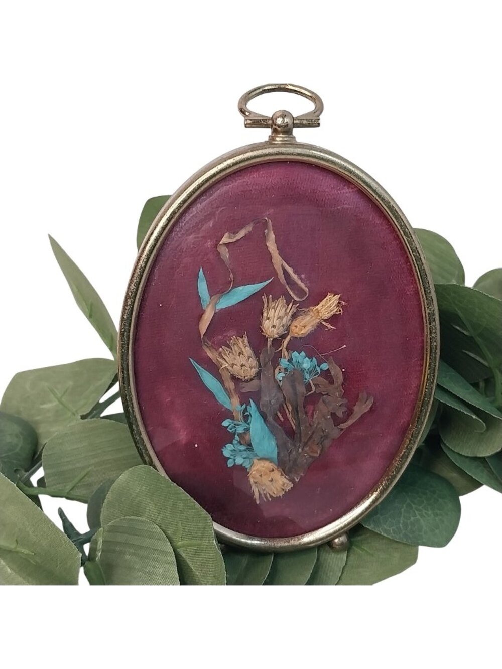 Vintage Pressed Flower Art in Gold Tone Small Oval Frame Convex Bubble Glass